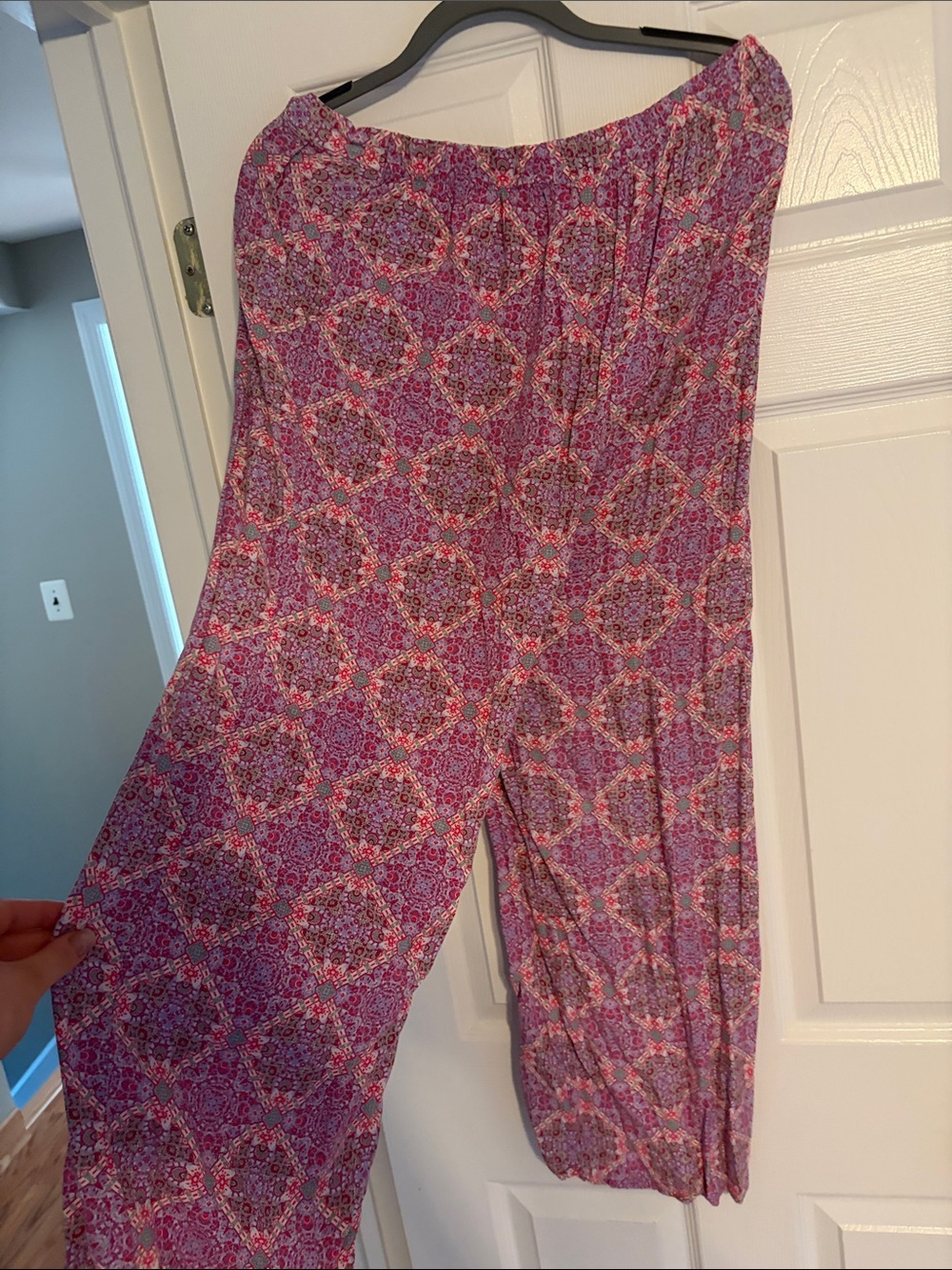 Women’s Pink Patterned Wide-Leg Jumpsuit — Elastic Waist